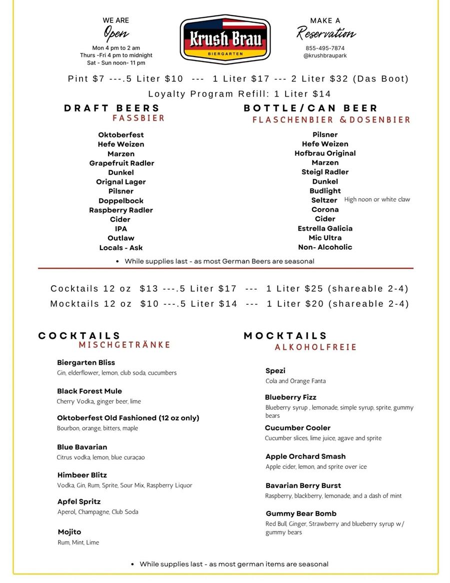 Krush Brau Park drinks menu: German beers by the liter, wine, cocktails and mocktails