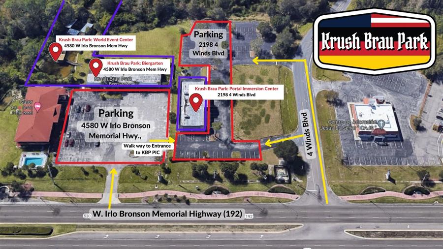 Krush Brau Park parking map: lots at 2198 Four Winds Blvd and 4580 W Irlo Bronson Memorial Hwy, Kissimmee