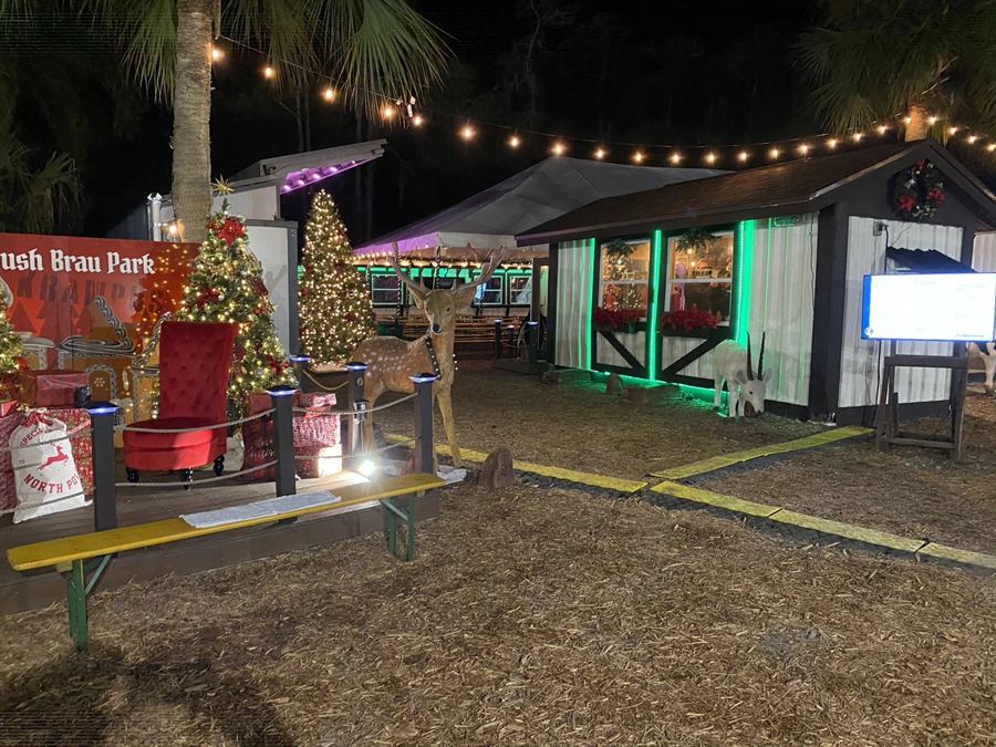 Krush Brau Park beer garden under string lights at night, Kissimmee Florida